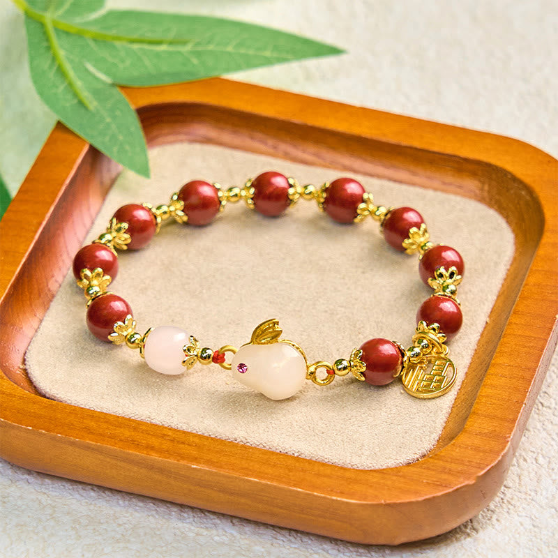 Cinnabar and Jade Rabbit Charm Bracelet with Liuli and Fu Symbol Copper Accents