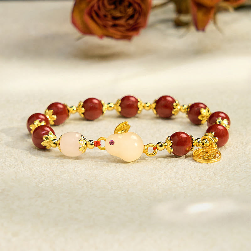 Cinnabar and Jade Rabbit Charm Bracelet with Liuli and Fu Symbol Copper Accents