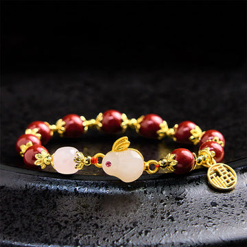 Cinnabar and Jade Rabbit Charm Bracelet with Liuli and Fu Symbol Copper Accents