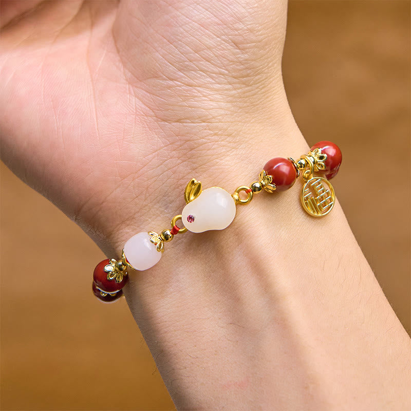 Cinnabar and Jade Rabbit Charm Bracelet with Liuli and Fu Symbol Copper Accents