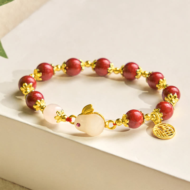 Cinnabar and Jade Rabbit Charm Bracelet with Liuli and Fu Symbol Copper Accents