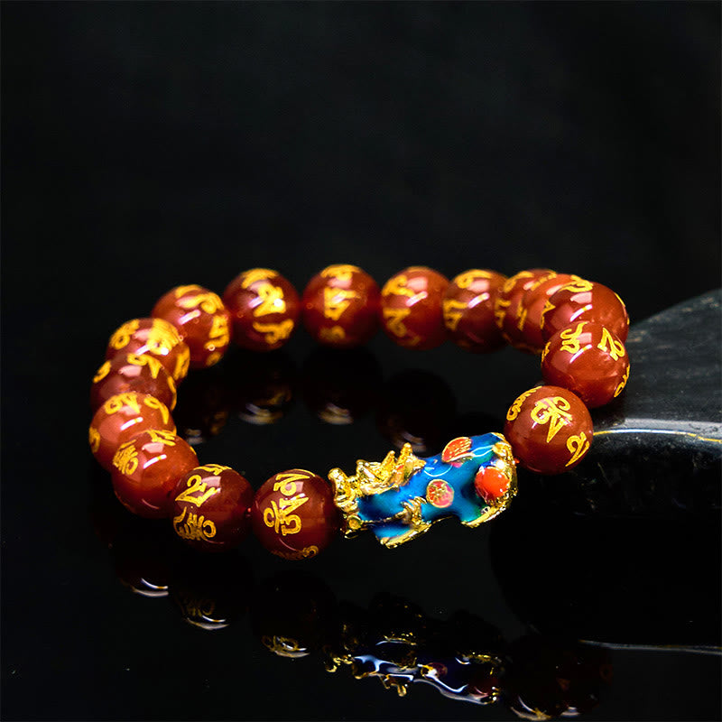 Color Change Pixiu & Om Mani Padme Hum Red Agate Copper Mantra Bracelet