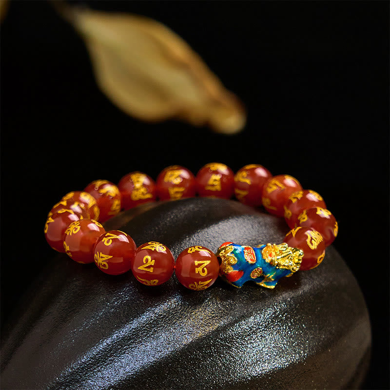 Color Change Pixiu & Om Mani Padme Hum Red Agate Copper Mantra Bracelet