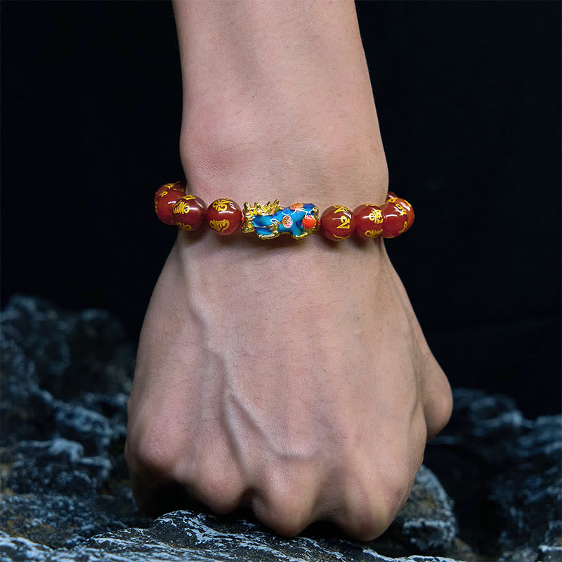 Color Change Pixiu & Om Mani Padme Hum Red Agate Copper Mantra Bracelet