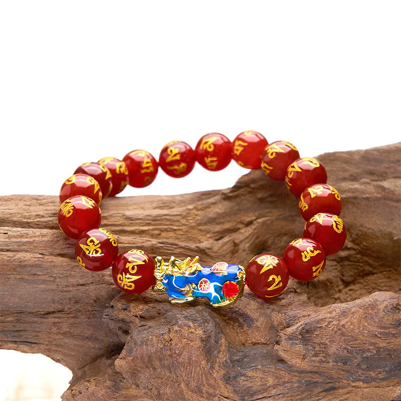 Color Change Pixiu & Om Mani Padme Hum Red Agate Copper Mantra Bracelet