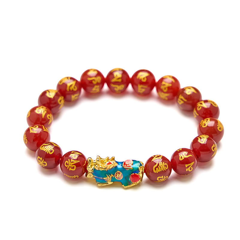 Color Change Pixiu & Om Mani Padme Hum Red Agate Copper Mantra Bracelet