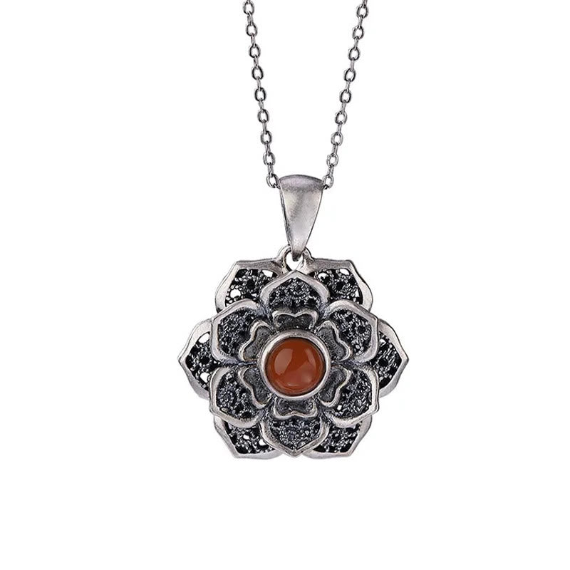 Tibetan Om Mani Padme Hum Lotus Pattern Red Agate Copper Peace Necklace Pendant