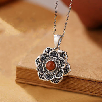 Tibetan Om Mani Padme Hum Lotus Pattern Red Agate Copper Peace Necklace Pendant