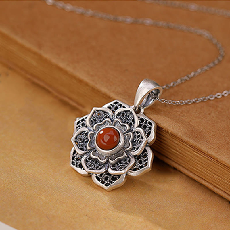 Tibetan Om Mani Padme Hum Lotus Pattern Red Agate Copper Peace Necklace Pendant