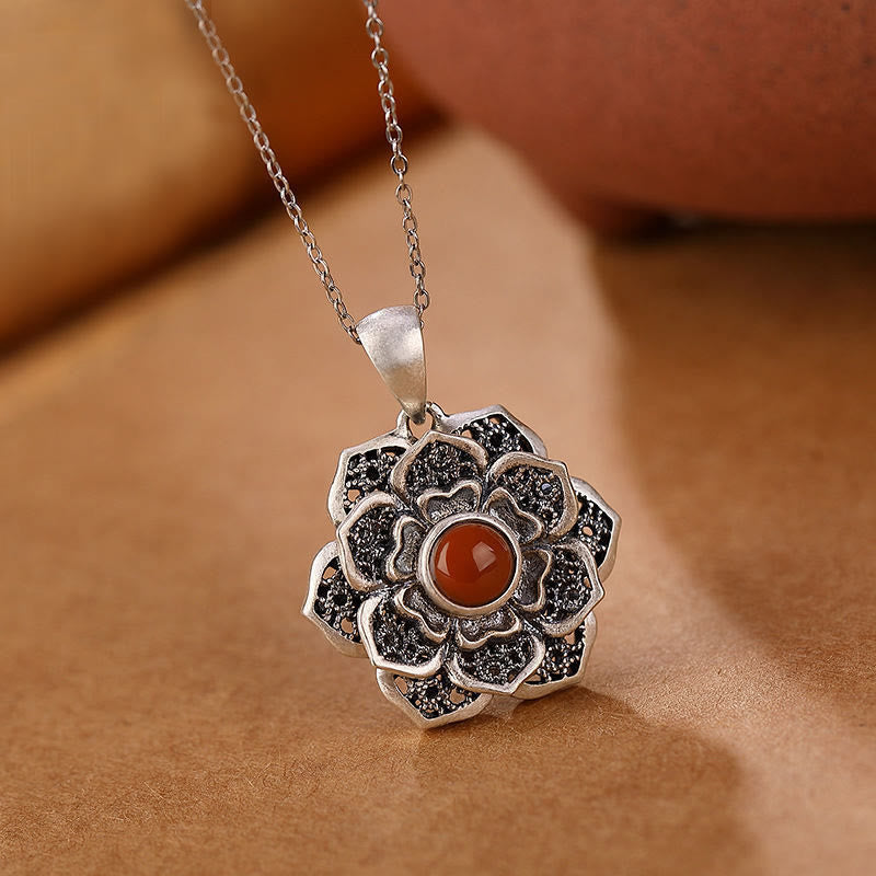 Tibetan Om Mani Padme Hum Lotus Pattern Red Agate Copper Peace Necklace Pendant