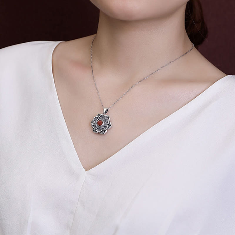 Tibetan Om Mani Padme Hum Lotus Pattern Red Agate Copper Peace Necklace Pendant