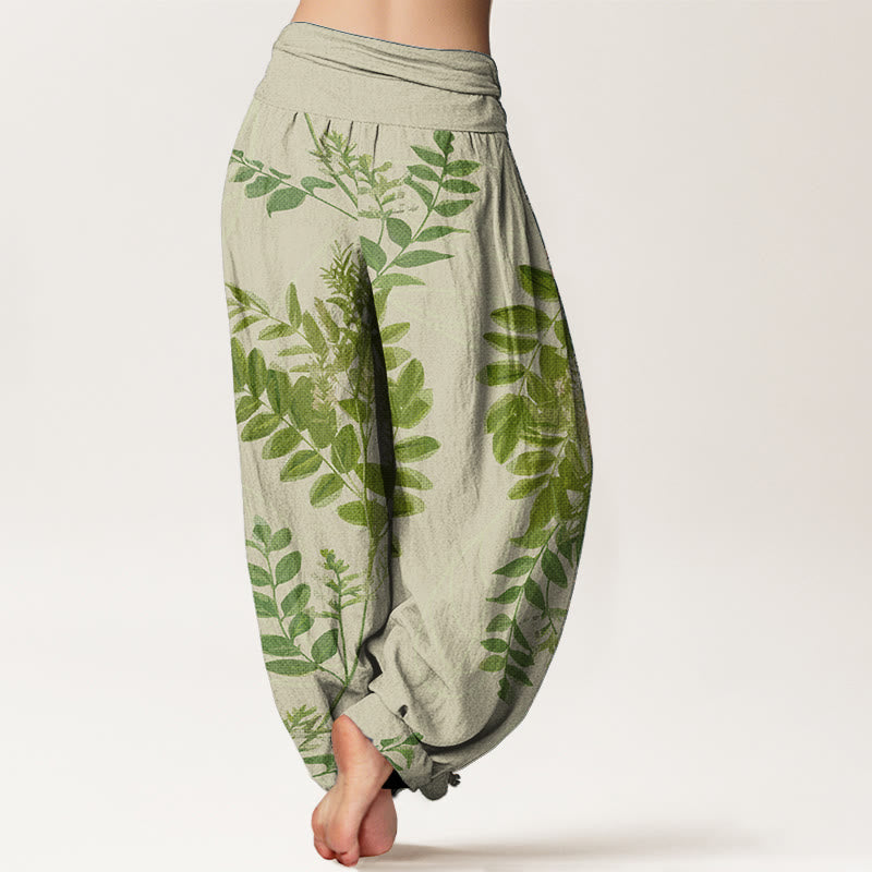 Pure Cotton Green Leaves Branches Women's Elastic Waist Harem Pants