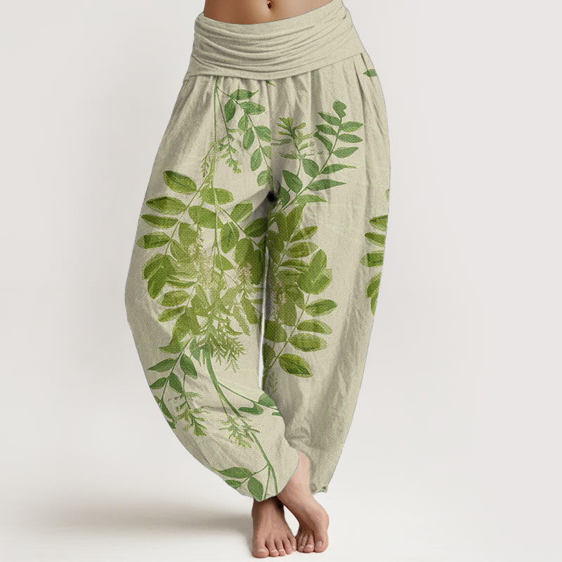 Pure Cotton Green Leaves Branches Women's Elastic Waist Harem Pants