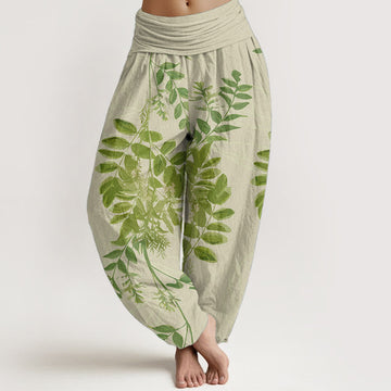 Pure Cotton Green Leaves Branches Women's Elastic Waist Harem Pants