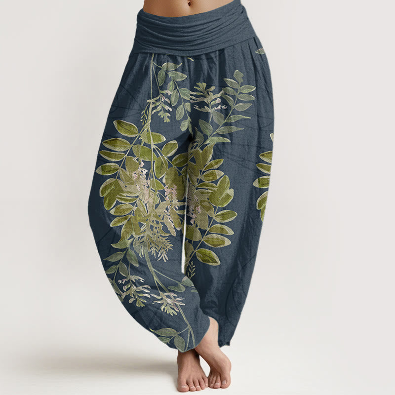 Pure Cotton Green Leaves Branches Women's Elastic Waist Harem Pants