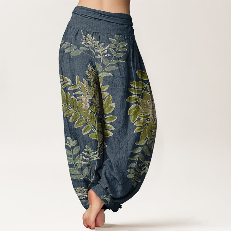 Pure Cotton Green Leaves Branches Women's Elastic Waist Harem Pants