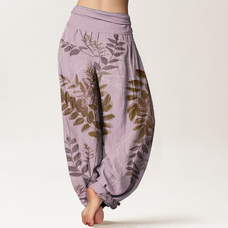 Pure Cotton Green Leaves Branches Women's Elastic Waist Harem Pants
