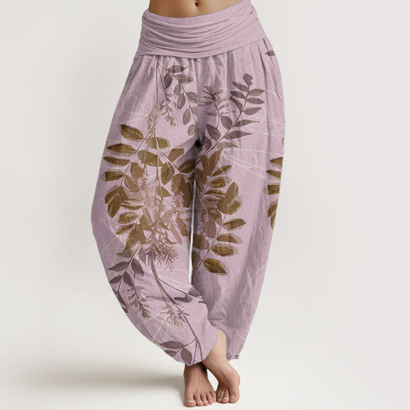 Pure Cotton Green Leaves Branches Women's Elastic Waist Harem Pants