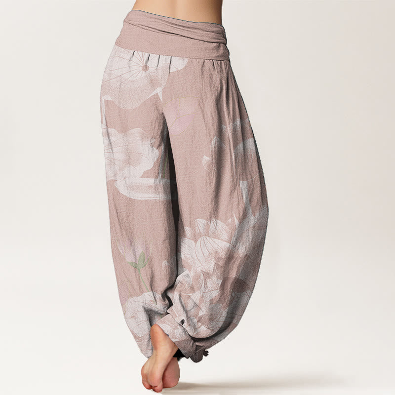 Pure Cotton Pink And White Lotus Women's Elastic Waist Harem Pants