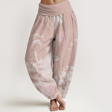 Pure Cotton Pink And White Lotus Women's Elastic Waist Harem Pants