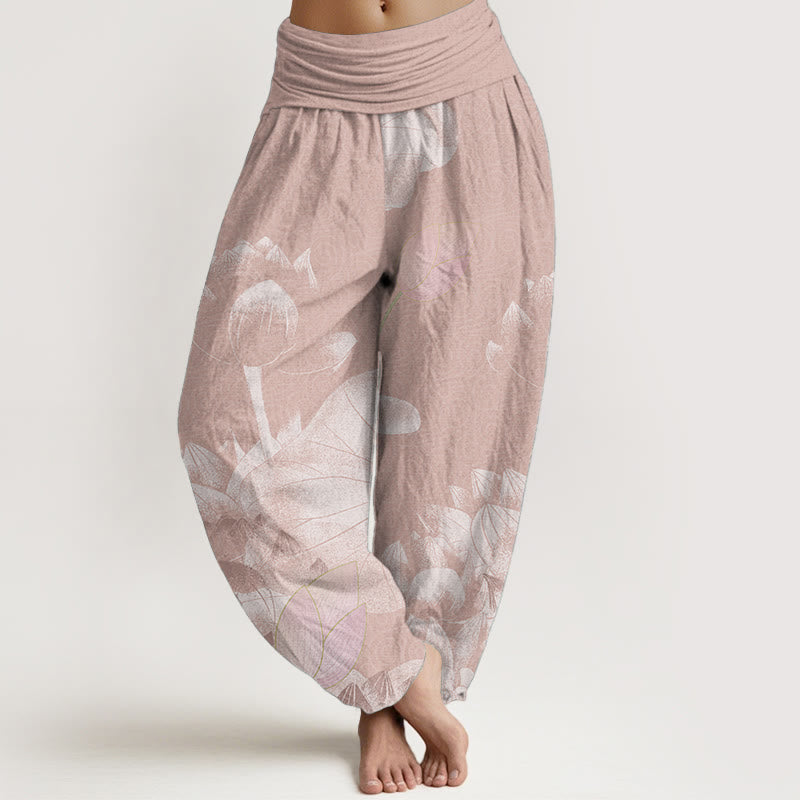 Pure Cotton Pink And White Lotus Women's Elastic Waist Harem Pants