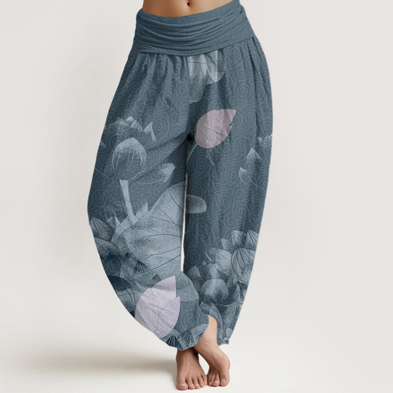 Pure Cotton Pink And White Lotus Women's Elastic Waist Harem Pants