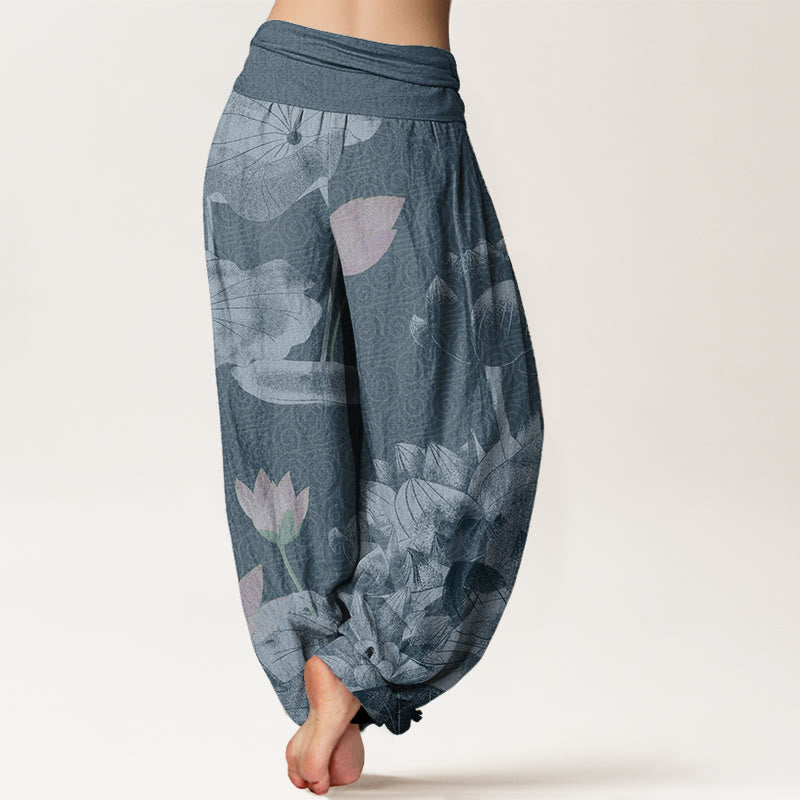 Pure Cotton Pink And White Lotus Women's Elastic Waist Harem Pants