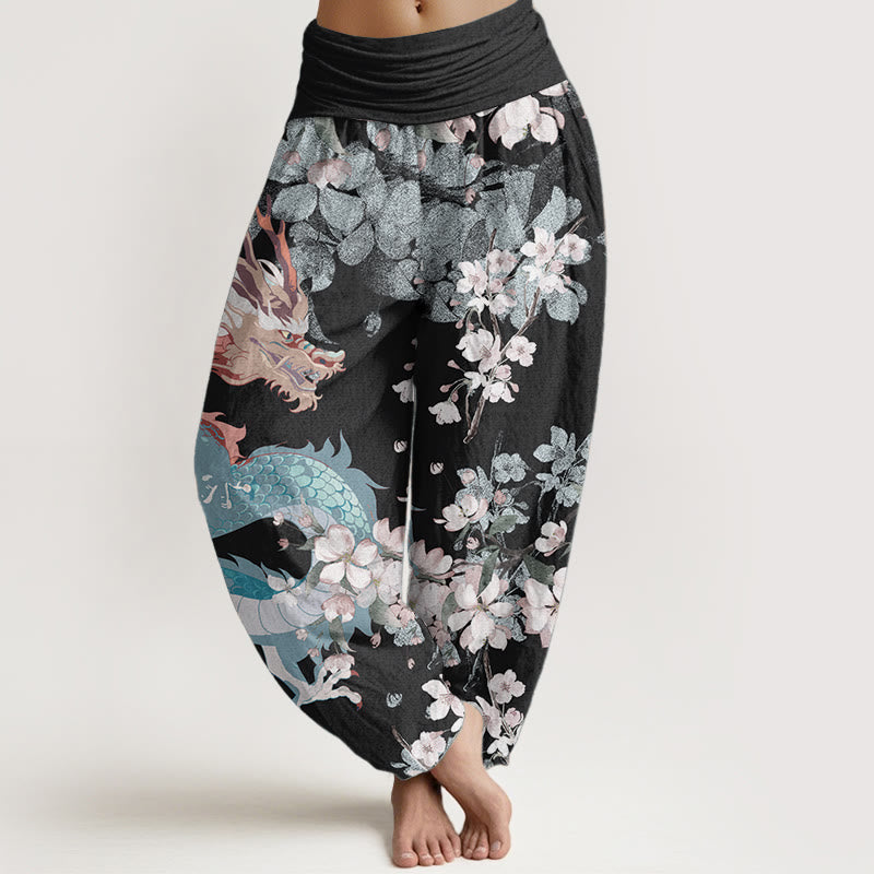 Pure Cotton Casual Dragon Cherry Blossoms Women's Elastic Waist Harem Pants