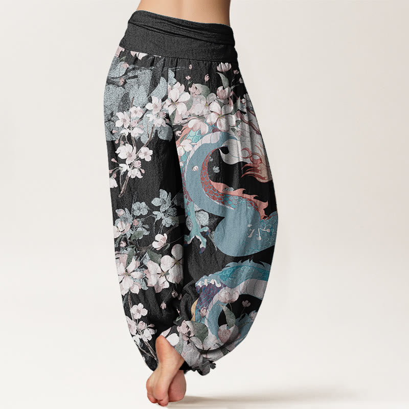 Pure Cotton Casual Dragon Cherry Blossoms Women's Elastic Waist Harem Pants