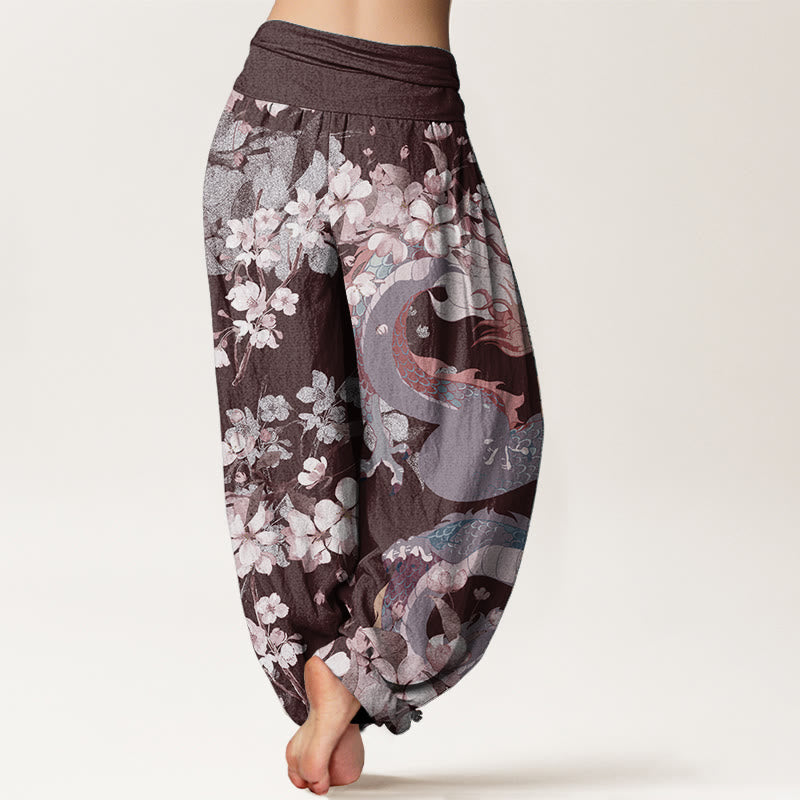 Pure Cotton Casual Dragon Cherry Blossoms Women's Elastic Waist Harem Pants
