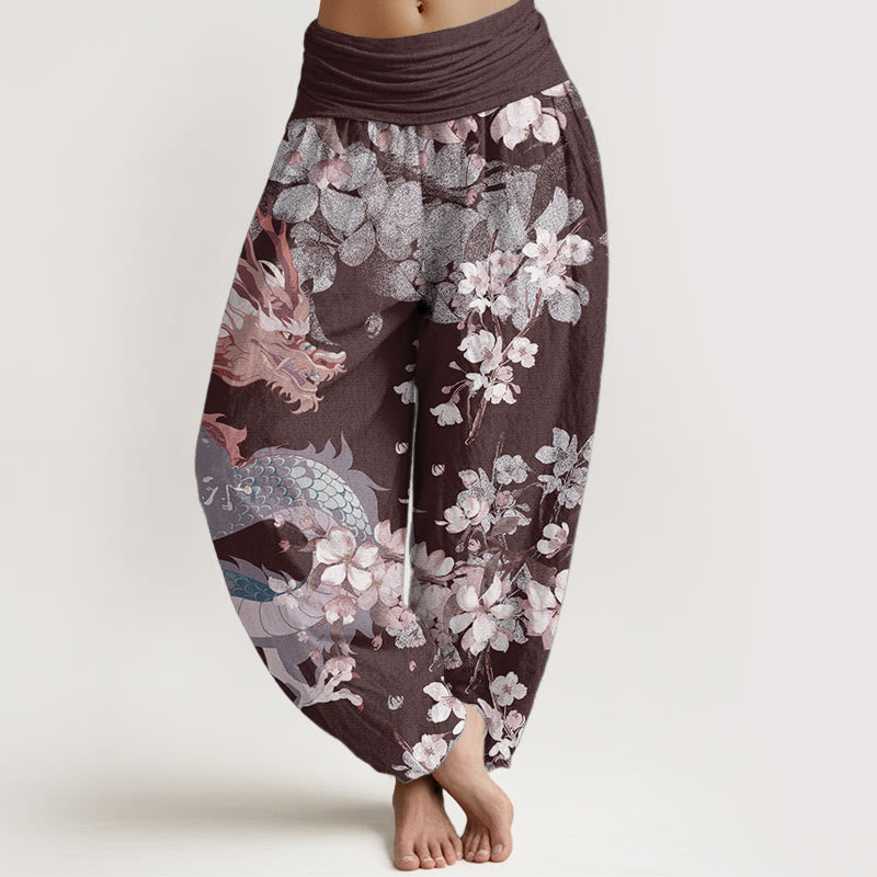 Pure Cotton Casual Dragon Cherry Blossoms Women's Elastic Waist Harem Pants