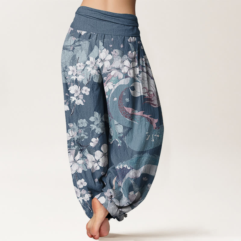 Pure Cotton Casual Dragon Cherry Blossoms Women's Elastic Waist Harem Pants