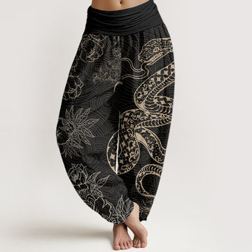Pure Cotton Snake Lotus Women's Elastic Waist Harem Pants