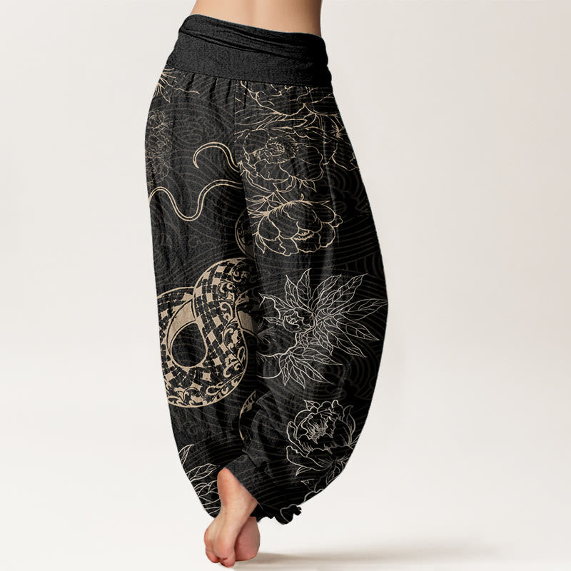Pure Cotton Snake Lotus Women's Elastic Waist Harem Pants