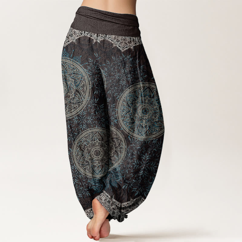 Pure Cotton Mandala Pattern Leaves Women's Elastic Waist Harem Pants