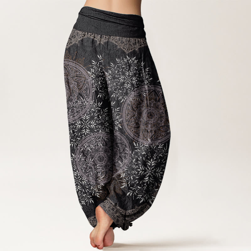 Pure Cotton Mandala Pattern Leaves Women's Elastic Waist Harem Pants