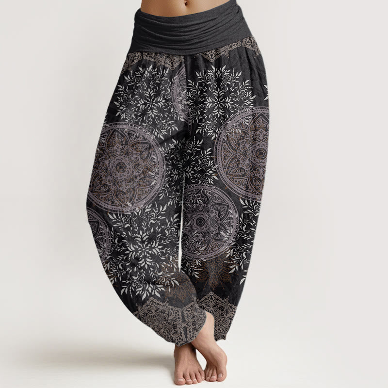 Pure Cotton Mandala Pattern Leaves Women's Elastic Waist Harem Pants