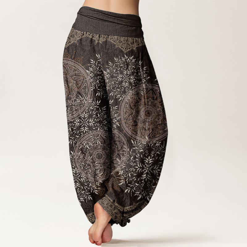 Pure Cotton Mandala Pattern Leaves Women's Elastic Waist Harem Pants