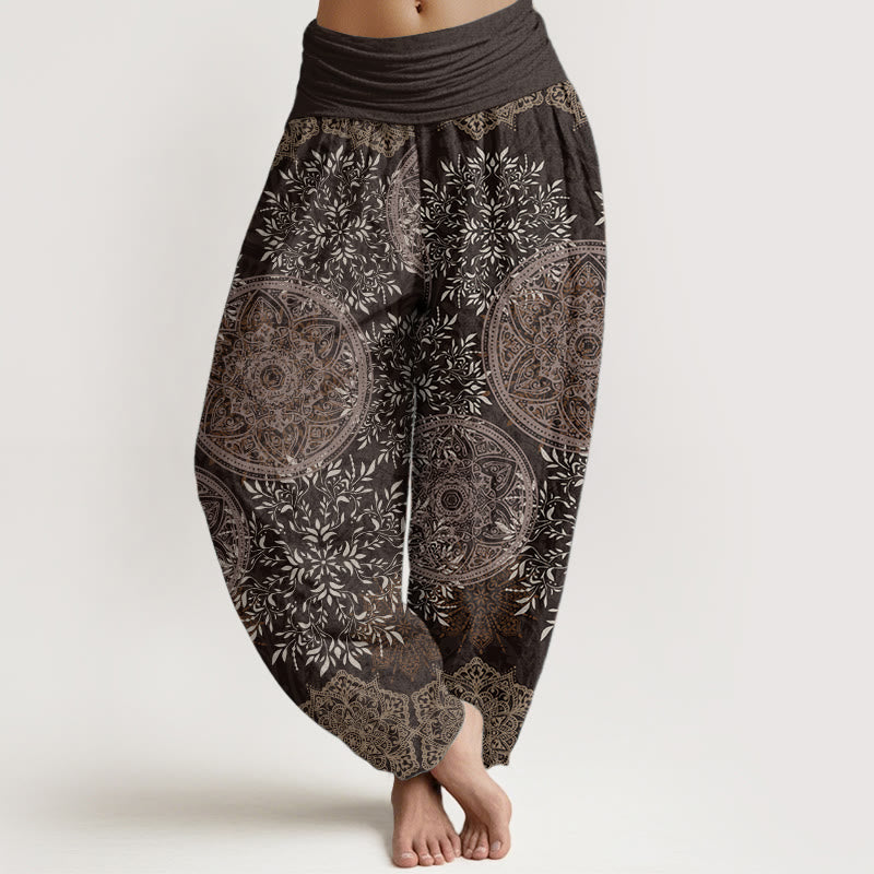 Pure Cotton Mandala Pattern Leaves Women's Elastic Waist Harem Pants