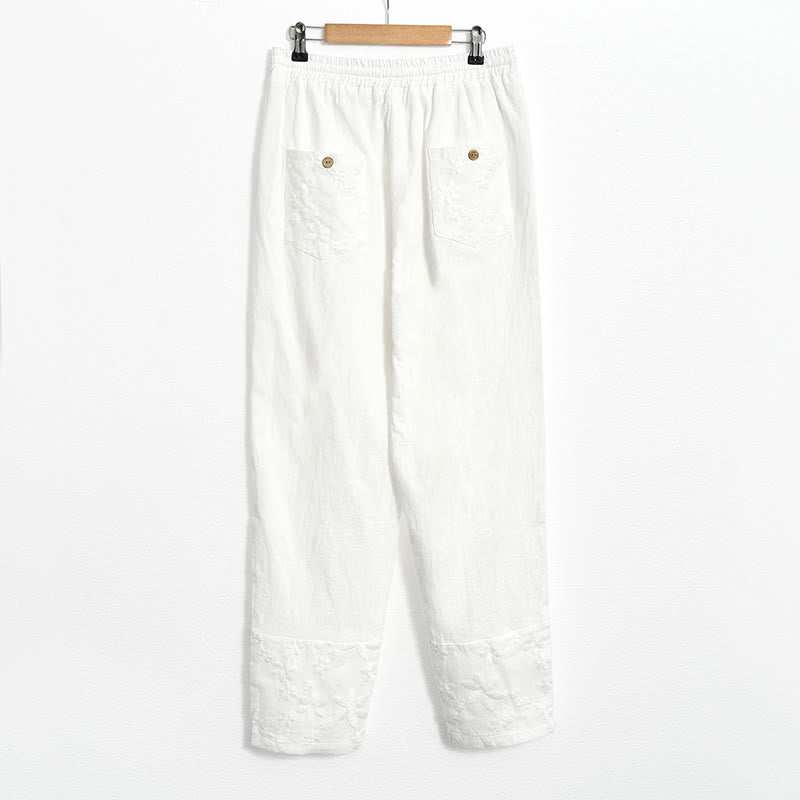 White Lace Patchwork Design Women's Cotton Linen Pants With Pockets