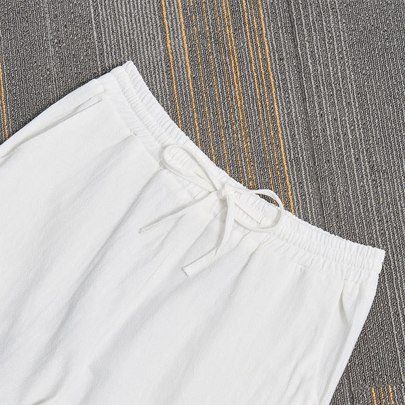 White Lace Patchwork Design Women's Cotton Linen Pants With Pockets