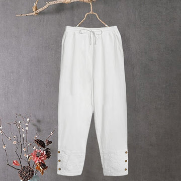 White Lace Patchwork Design Women's Cotton Linen Pants With Pockets