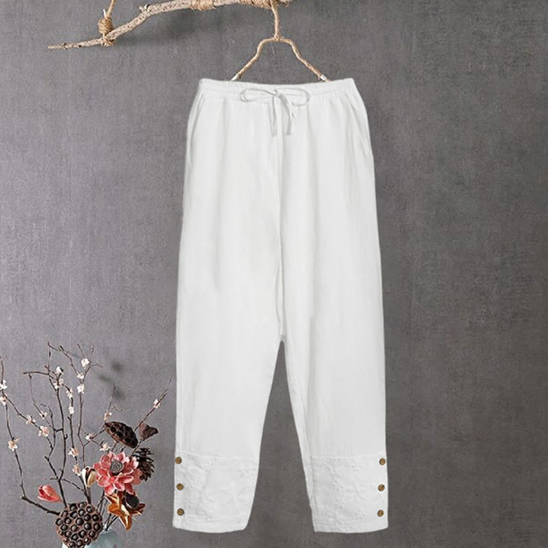 White Lace Patchwork Design Women's Cotton Linen Pants With Pockets