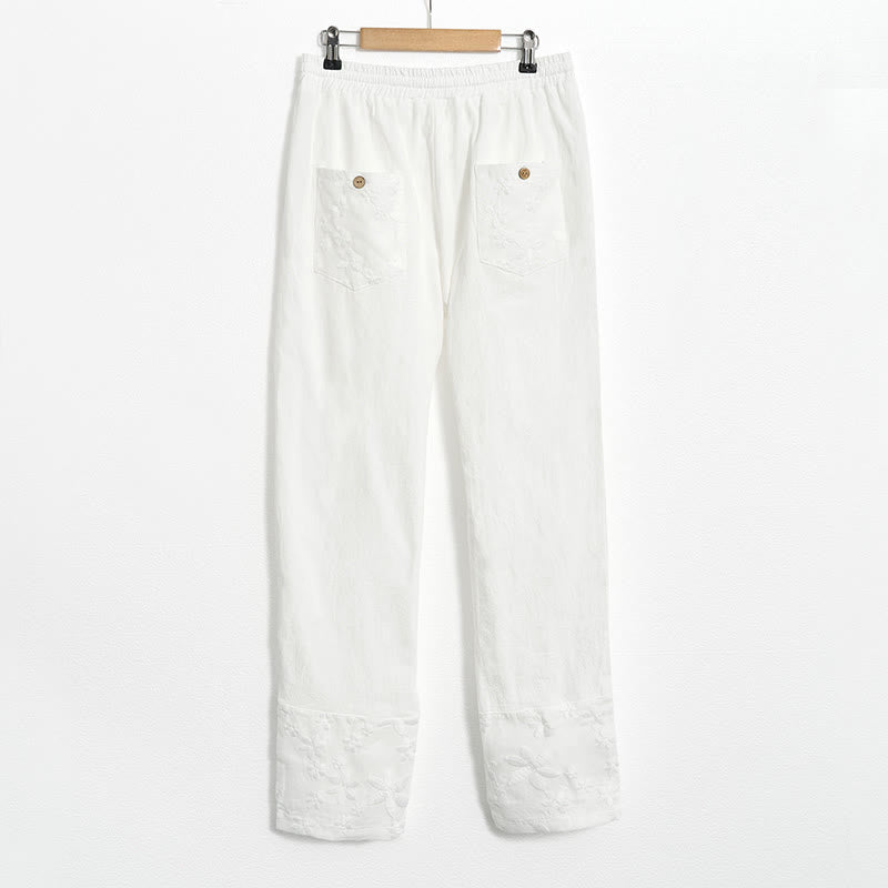 White Lace Patchwork Design Women's Cotton Linen Pants With Pockets