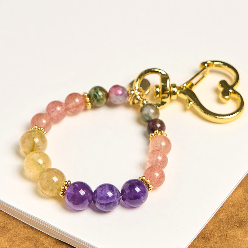 Natural Strawberry Quartz Amethyst Citrine Beads Love Key Chain Hanging Decoration