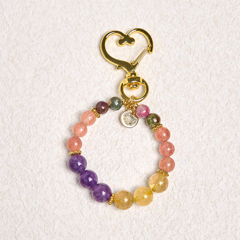 Natural Strawberry Quartz Amethyst Citrine Beads Love Key Chain Hanging Decoration