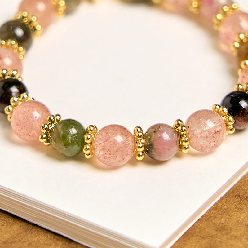 Natural Strawberry Quartz & Citrine Crystal Bead Phone Hanging Keychain with Copper