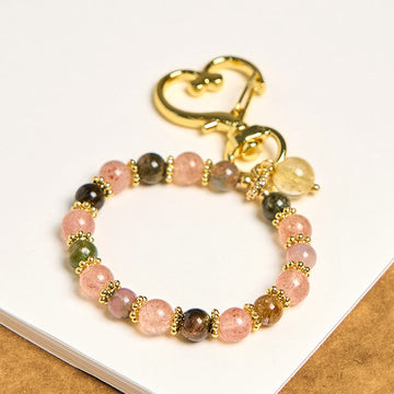 Natural Strawberry Quartz & Citrine Crystal Bead Phone Hanging Keychain with Copper