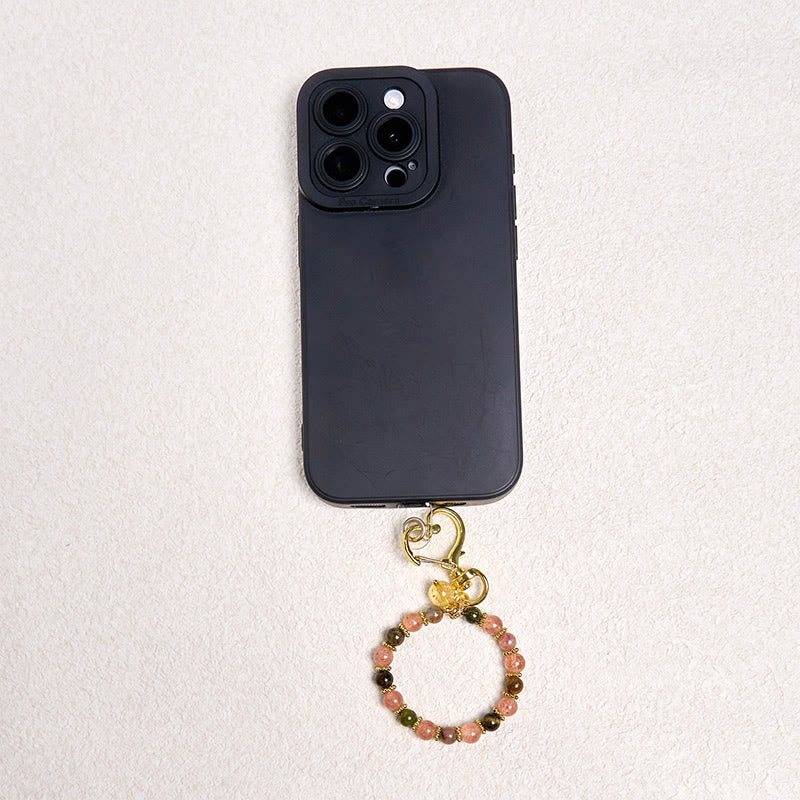 Natural Strawberry Quartz & Citrine Crystal Bead Phone Hanging Keychain with Copper