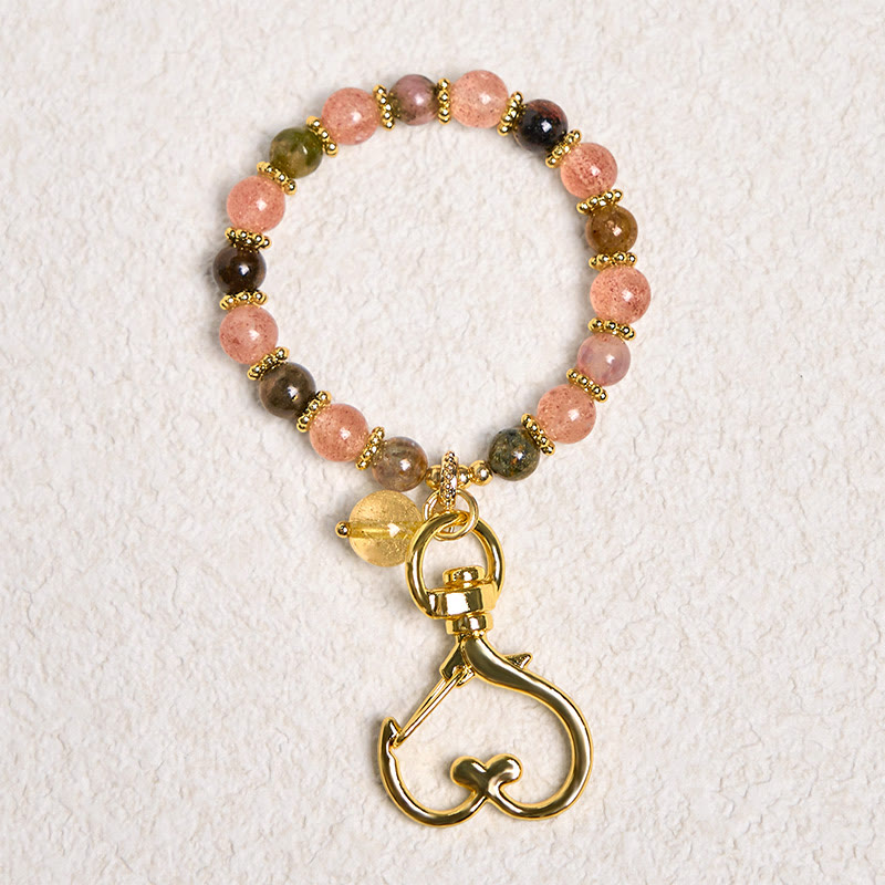 Natural Strawberry Quartz & Citrine Crystal Bead Phone Hanging Keychain with Copper